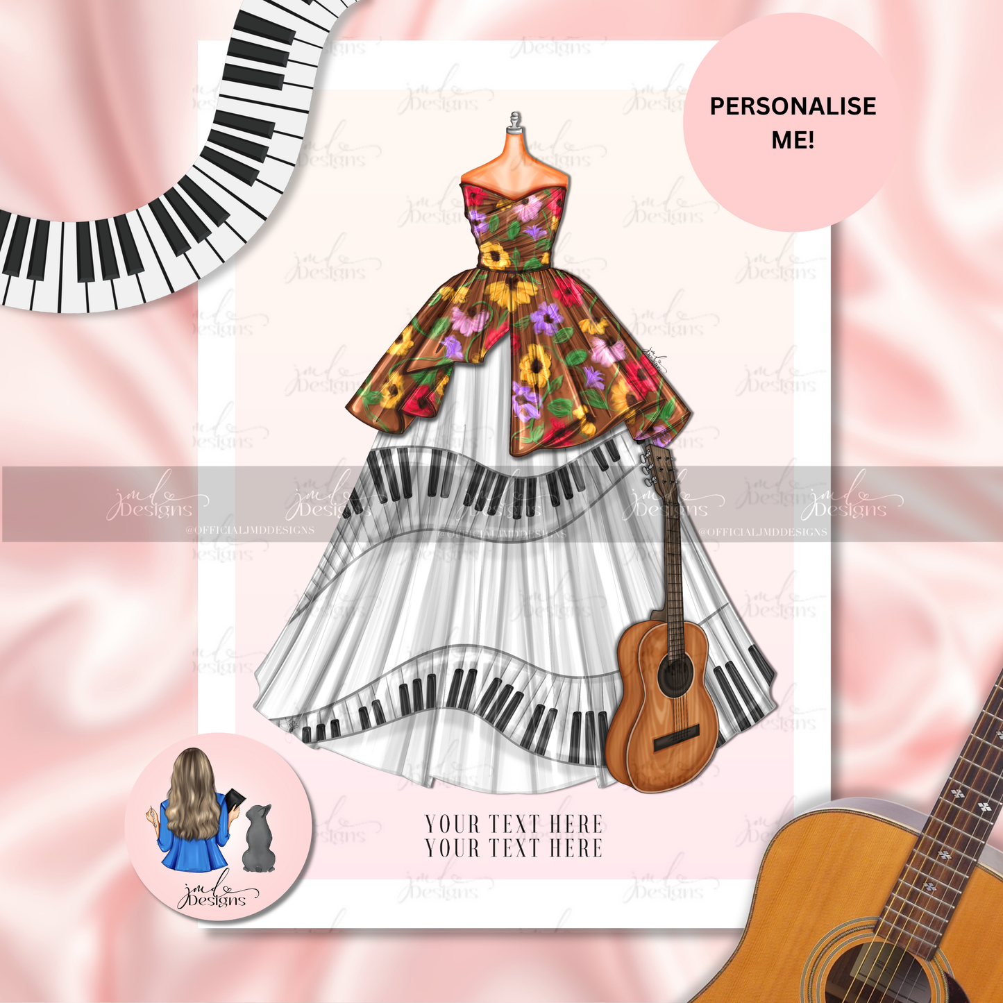 Personalised Surprises In Bloom Art Print Piano Guitar Dress