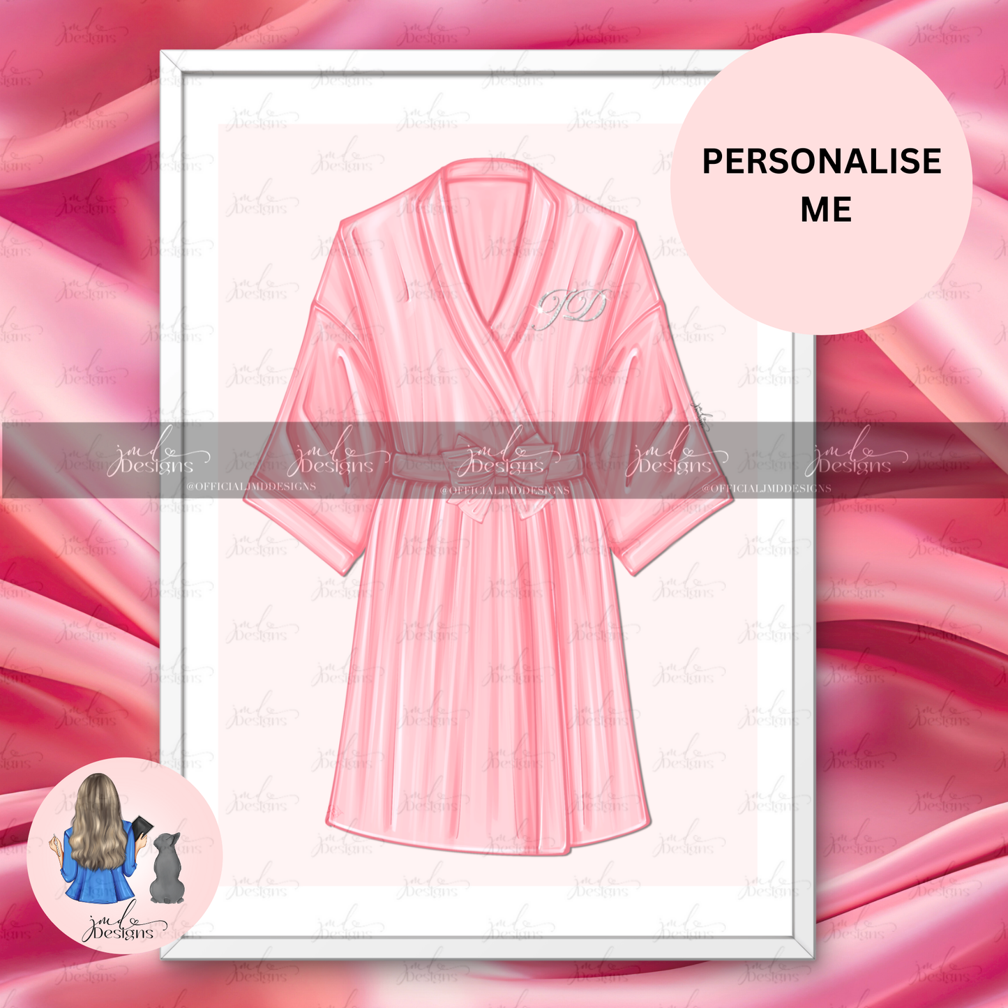 Personalisable Ladies Pink Silk Robe Initial Art Print