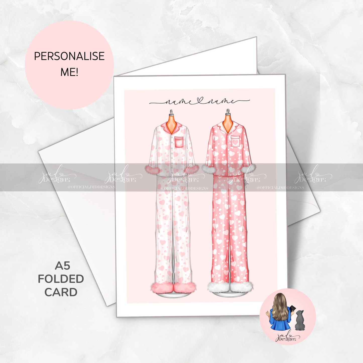 Personalised Love Heart Bestie Pyjama Illustrated A5 Greeting Card Galentines