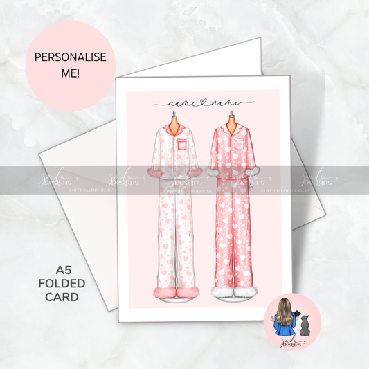 Personalised Love Heart Bestie Pyjama Illustrated A5 Greeting Card Galentines
