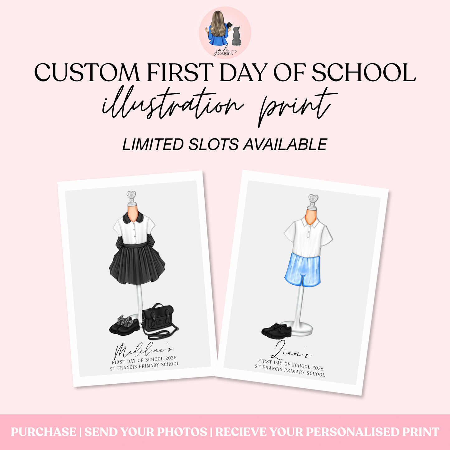 A custom back to school uniform illustrated print. The perfect school keepsake for parents. All hand illustrated in Edinburgh. Custom to your photo