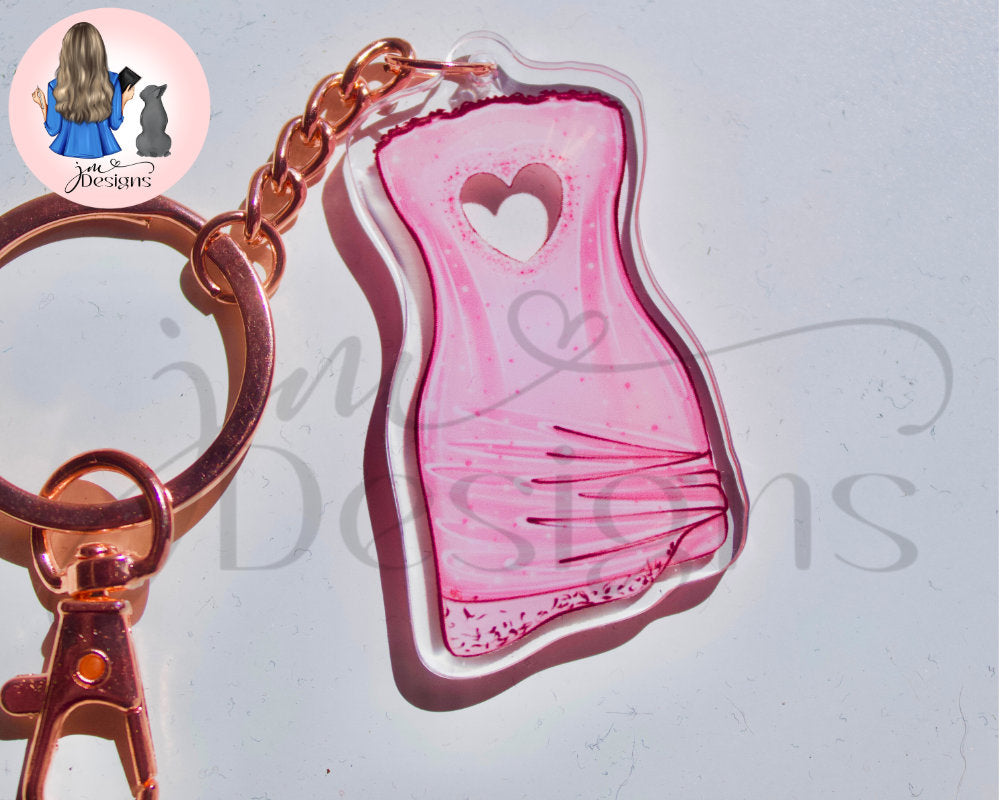 Pink Heart Dress Outfit Acrylic Keyring Rose Gold Chain Clip | Fashion Illustration Keyring Bag Charm