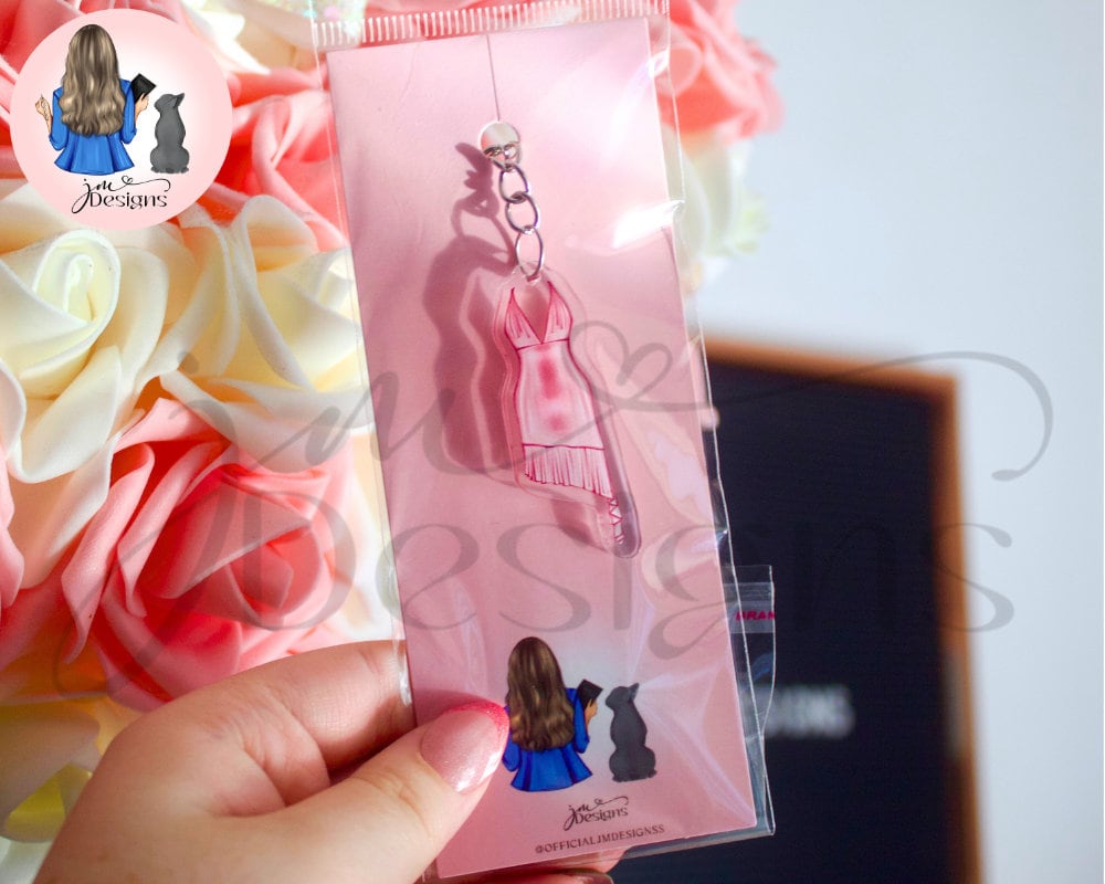 Pink Shimmer Dress Outfit Acrylic Keyring Silver Chain Clip | Fashion Illustration Keyring Bag Charm