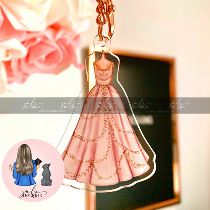 Pink Swirl Ballgown Outfit Acrylic Keyring Rose Gold Chain Clip bag Charm
