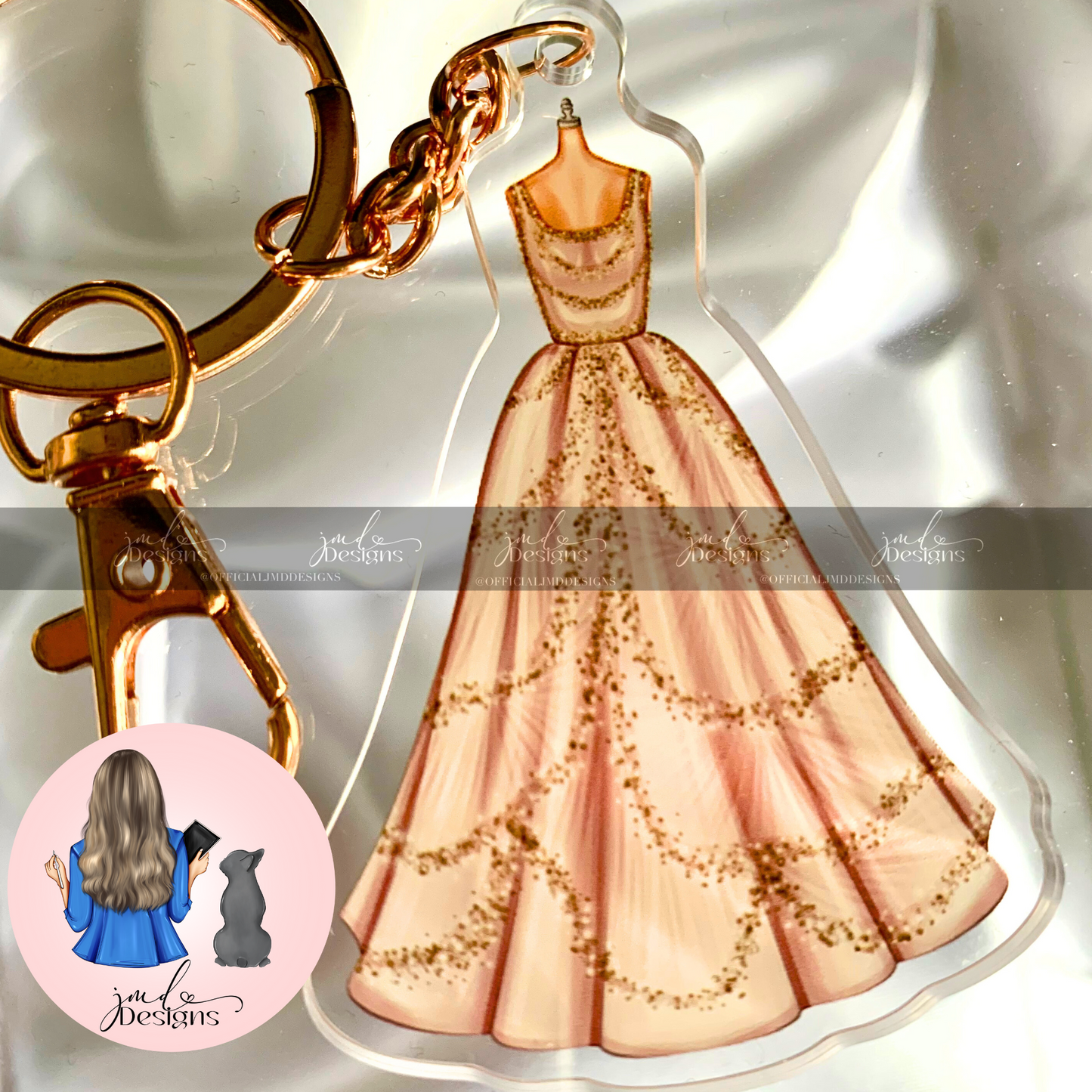 Pink Swirl Ballgown Outfit Acrylic Keyring Rose Gold Chain Clip bag Charm