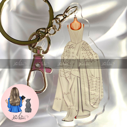 White I Love You Dress Outfit Acrylic Keyring Silver Chain Clip bag Charm