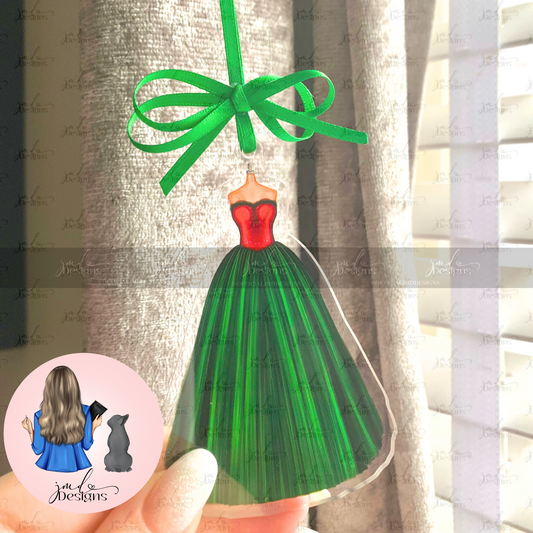 Ladies Festive Gown Christmas Outfit Acrylic Bow Bauble