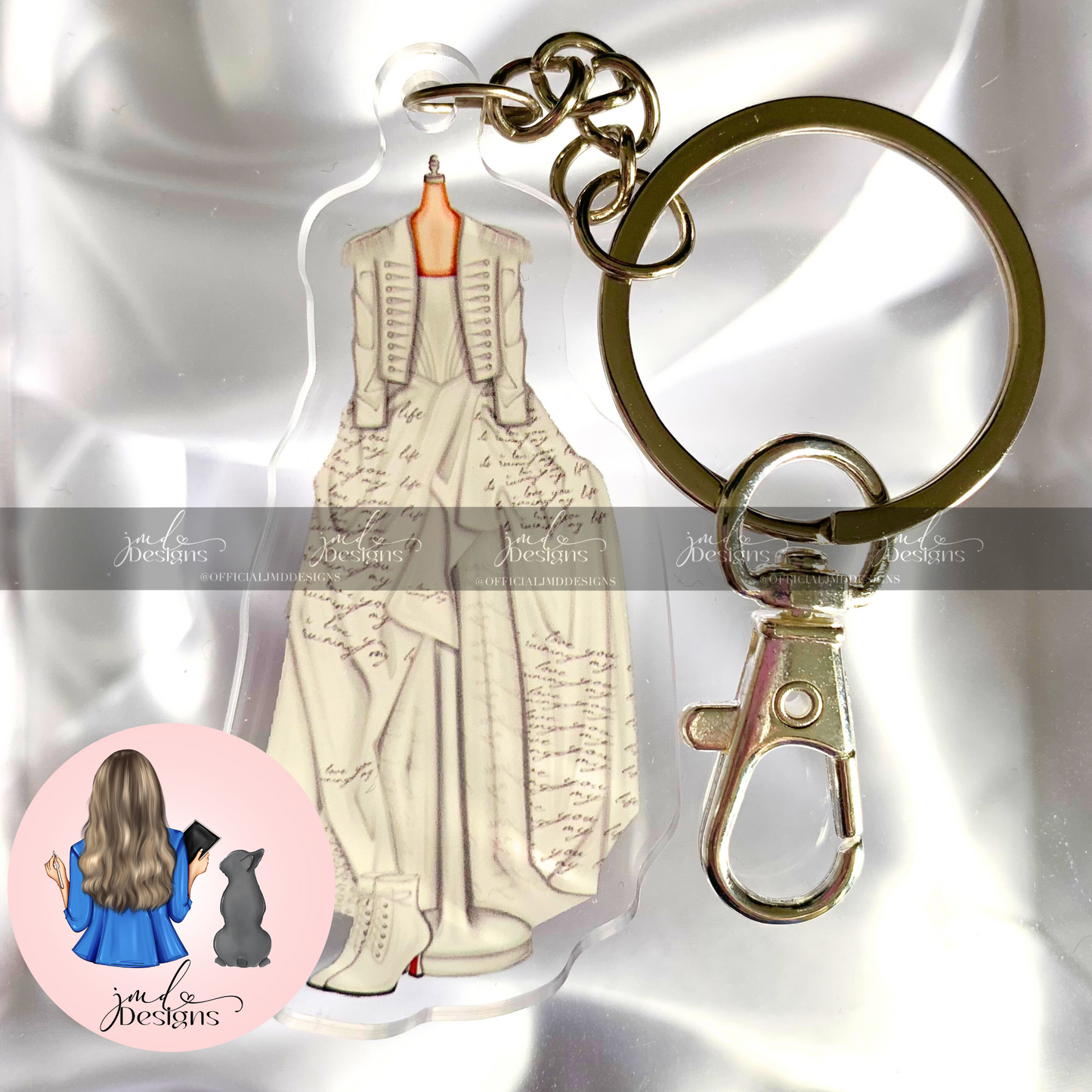 White Band Jacket Dress Outfit Acrylic Keyring Silver Chain Clip bag Charm