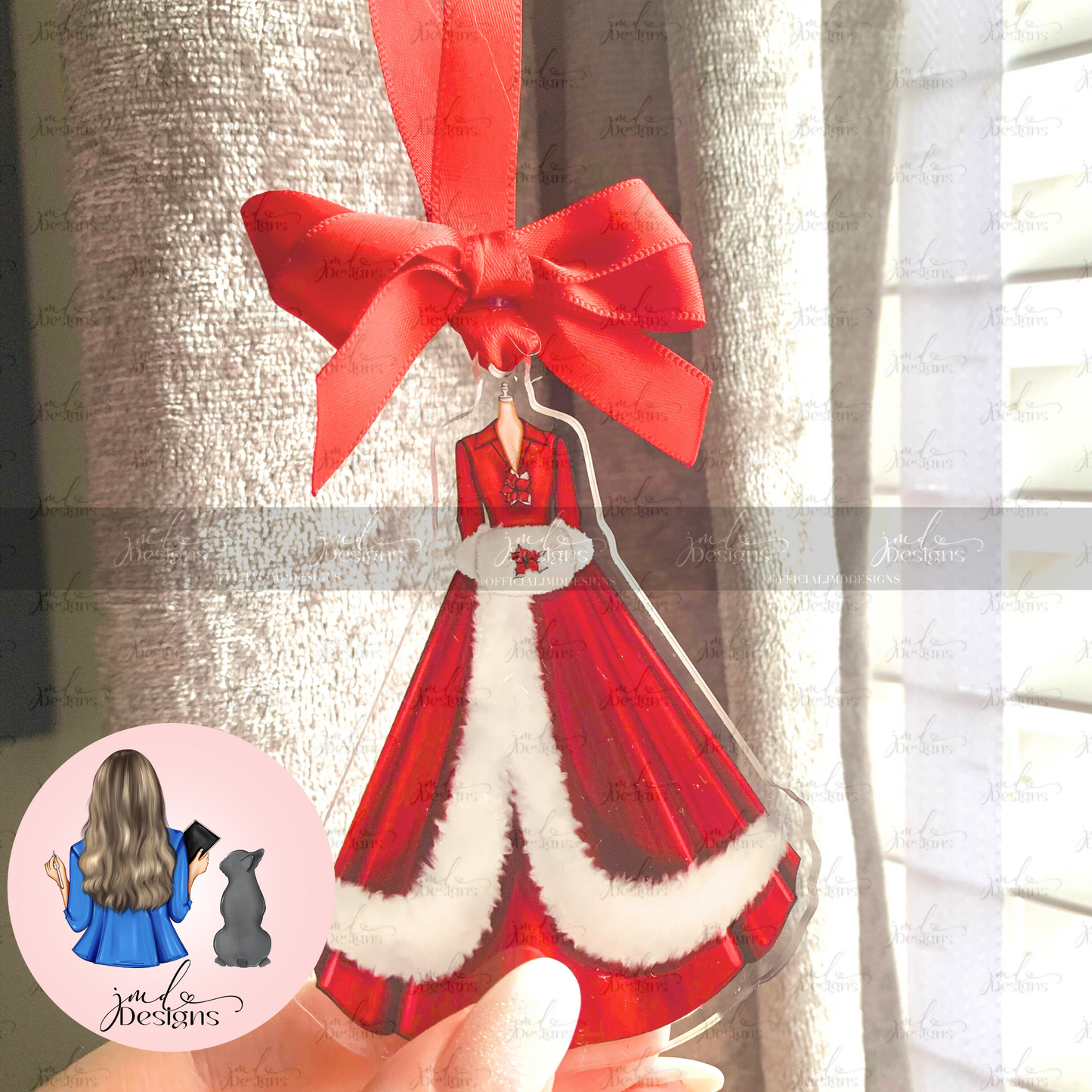 Christmas Lady Red Gown Christmas Outfit Acrylic Bow Bauble