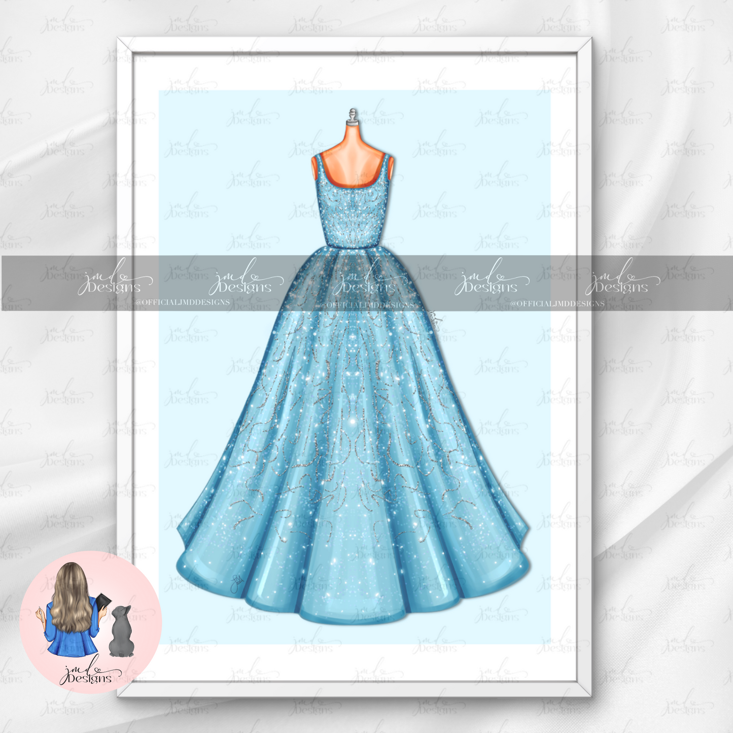 Enchanting Teal Ball Gown Outfit Illustration Art Print