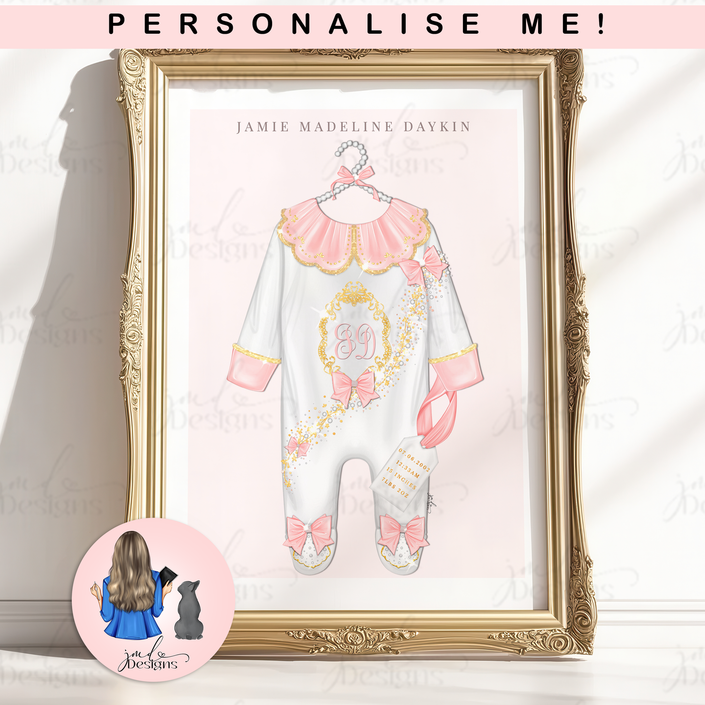 Luxury Personalised Pink Baby Grow Birth Stats Fashion Art Print | Baby Gift | Baby Shower Gift | Baby Keepsake