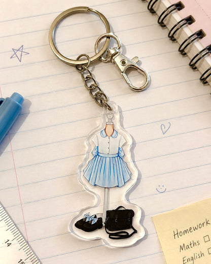 Back to School Gingham Outfit Acrylic Keyring Silver Chain Clip bag Charm