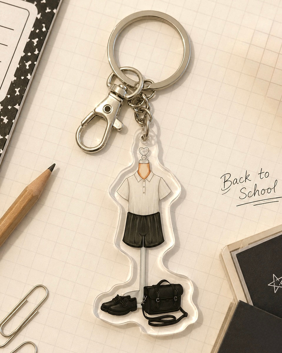 Back to School Black Shorts Outfit Acrylic Keyring Silver Chain Clip bag Charm