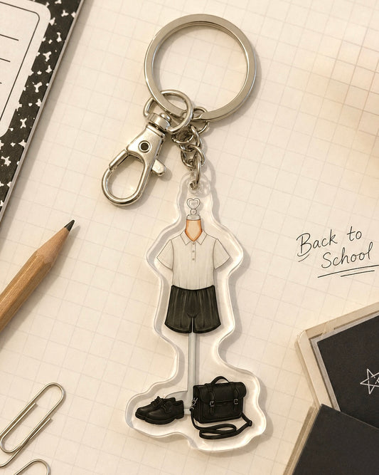 Back to School Black Shorts Outfit Acrylic Keyring Silver Chain Clip bag Charm