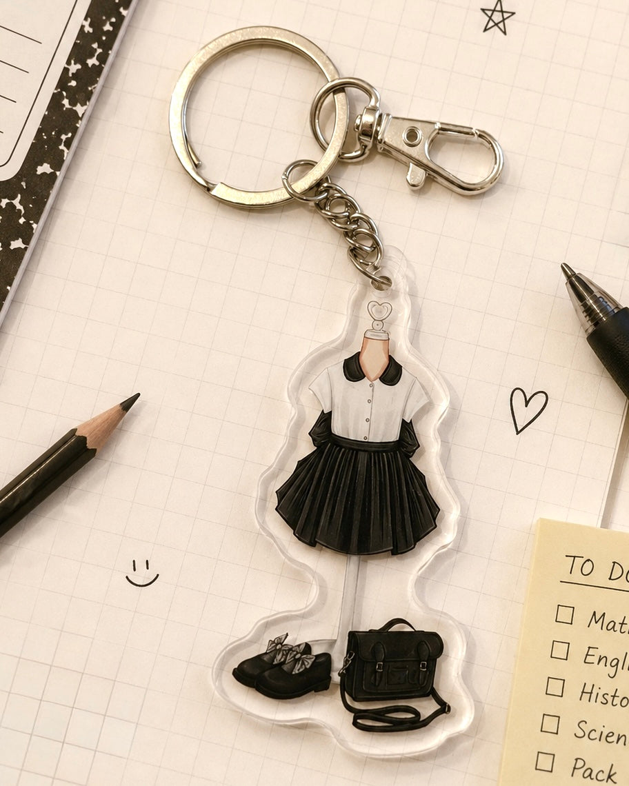 Back to School Black Outfit Acrylic Keyring Silver Chain Clip bag Charm