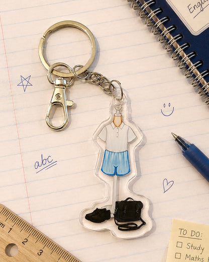 Back to School Gingham Shorts Outfit Acrylic Keyring Silver Chain Clip bag Charm