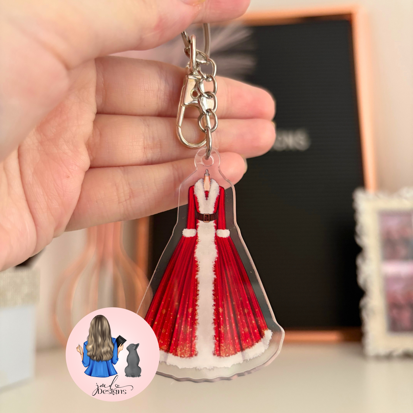 Festive Mrs Claus Christmas Outfit Acrylic Keyring Bag Charm