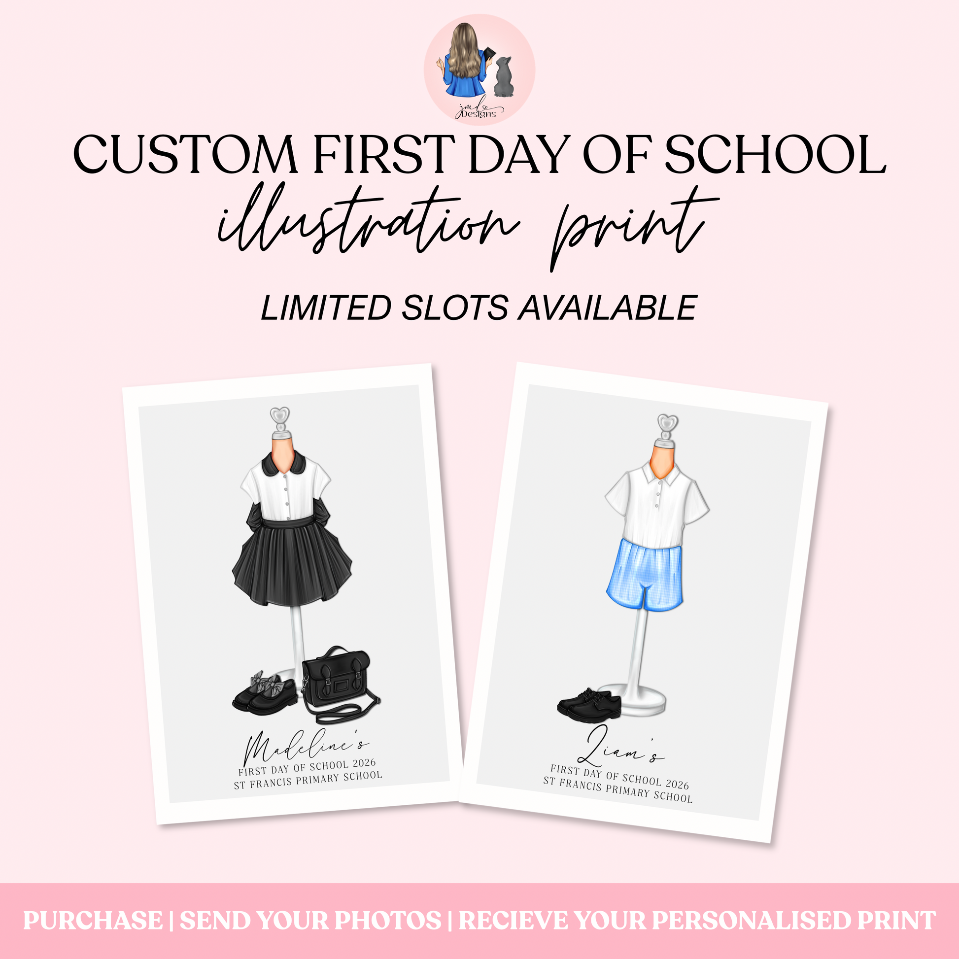 A custom back to school uniform illustrated print. The perfect school keepsake for parents. All hand illustrated in Edinburgh. Custom to your photo