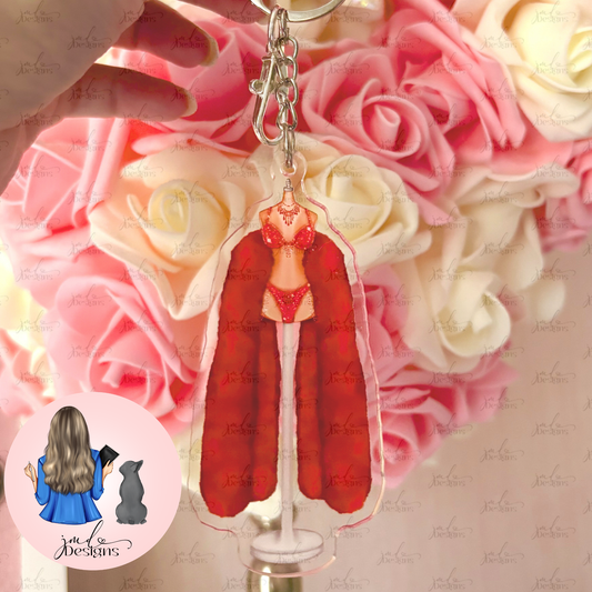 Orange Showgirl Dress Outfit Acrylic Keyring Silver Chain Clip bag Charm