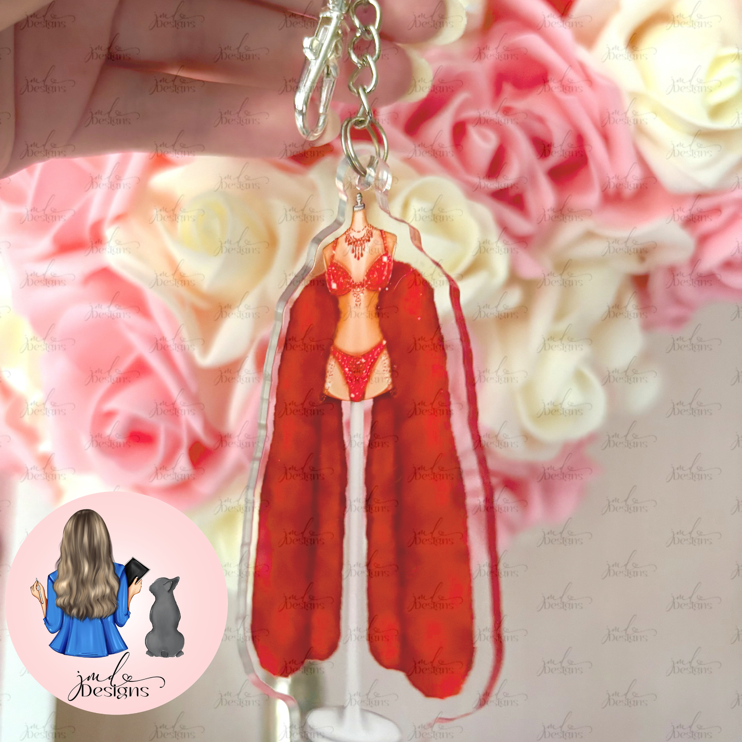 Orange Showgirl Dress Outfit Acrylic Keyring Silver Chain Clip bag Charm