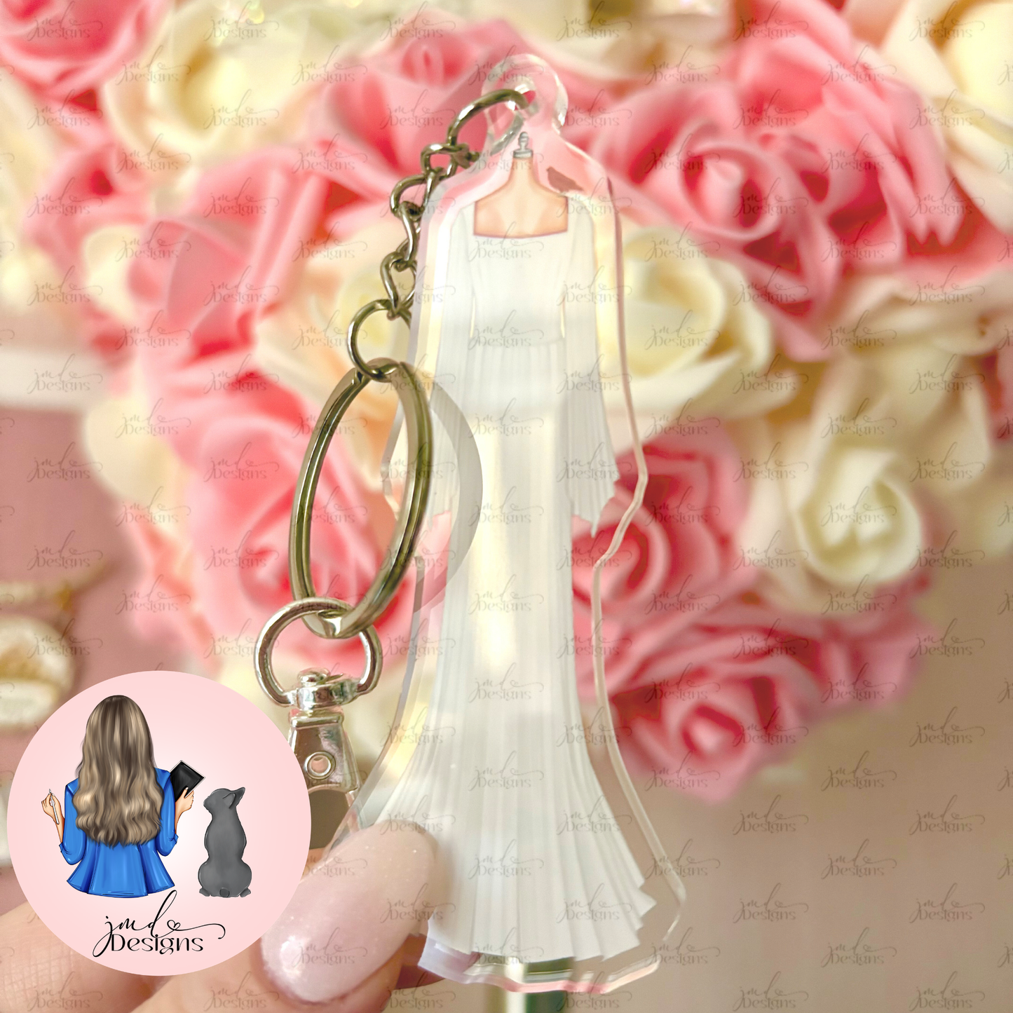 Ophelia White Dress Outfit Acrylic Keyring Silver Chain Clip bag Charm