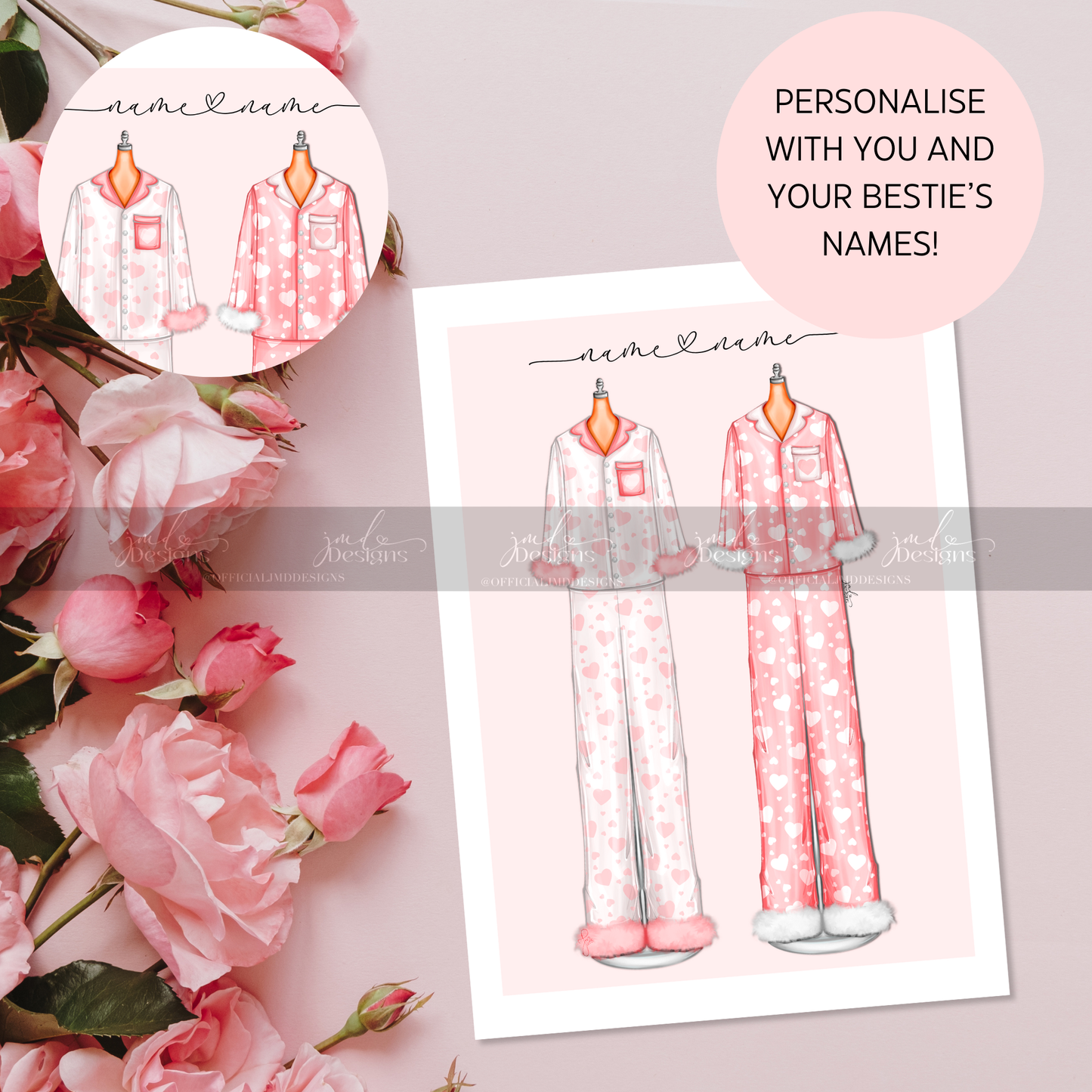Personalised Love Heart Bestie Pyjama Art Print