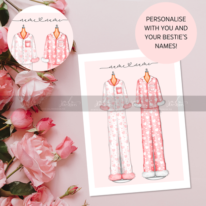 Personalised Love Heart Bestie Pyjama Art Print