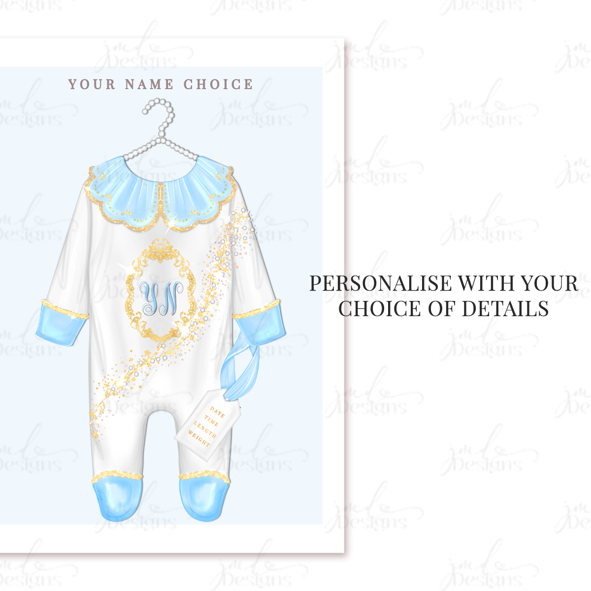 Luxury Personalised Blue Baby Grow Birth Stats Fashion Art Print | Baby Gift | Baby Shower Gift | Baby Keepsake
