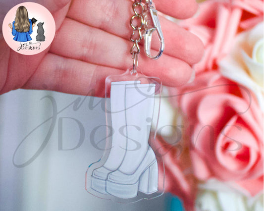 White Go Go Boots Acrylic Keyring Silver Chain Clip