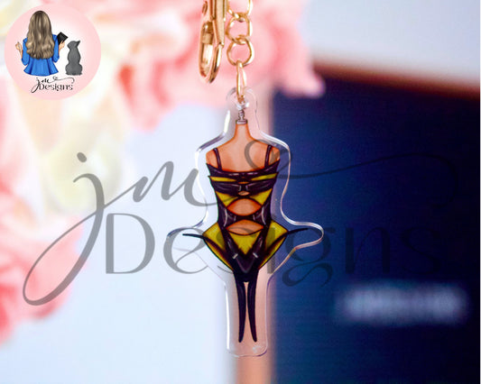 Bumble Bee Couture Outfit Acrylic Keyring Gold Chain Clip | Fashion Illustration Keyring Bag Charm