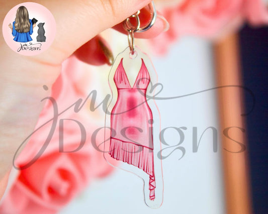 Pink Shimmer Dress Outfit Acrylic Keyring Silver Chain Clip | Fashion Illustration Keyring Bag Charm