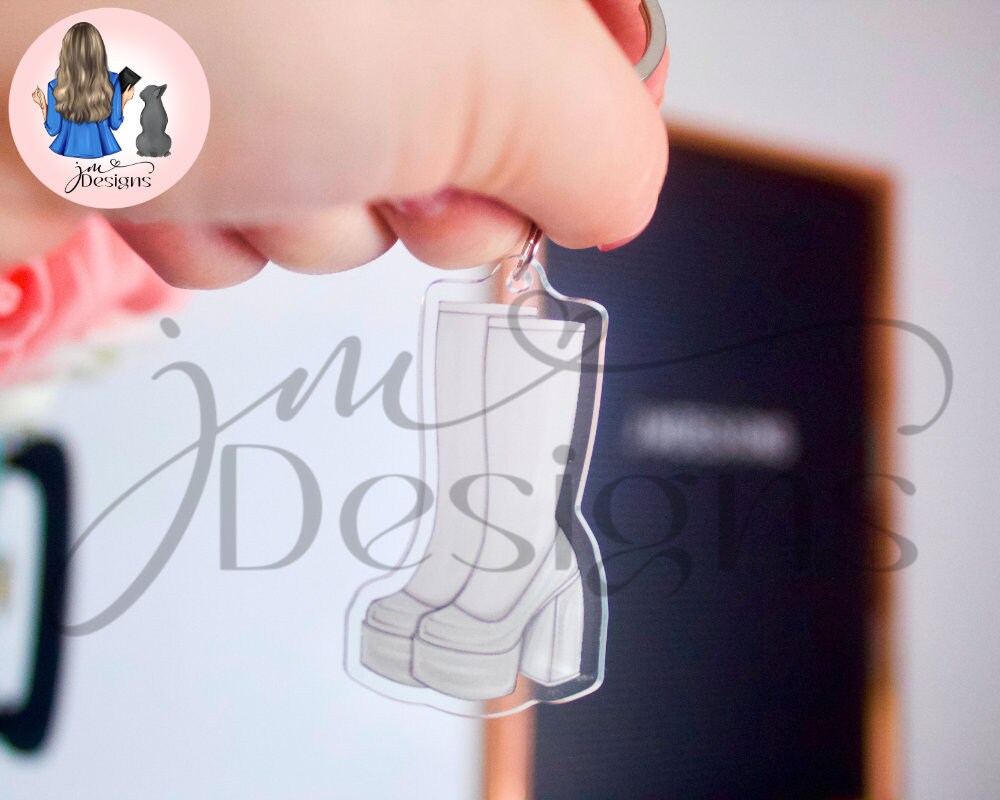 White Go Go Boots Acrylic Keyring Silver Chain Clip