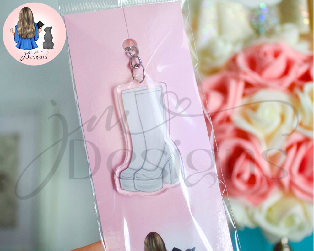 White Go Go Boots Acrylic Keyring Silver Chain Clip
