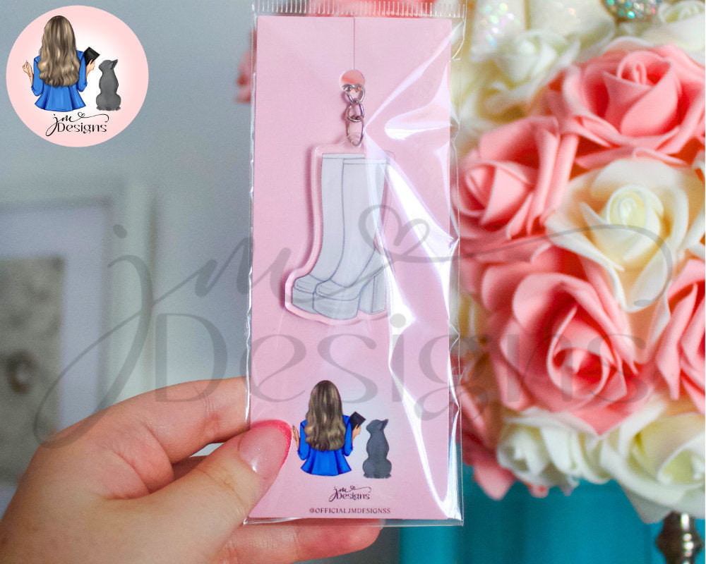 White Go Go Boots Acrylic Keyring Silver Chain Clip