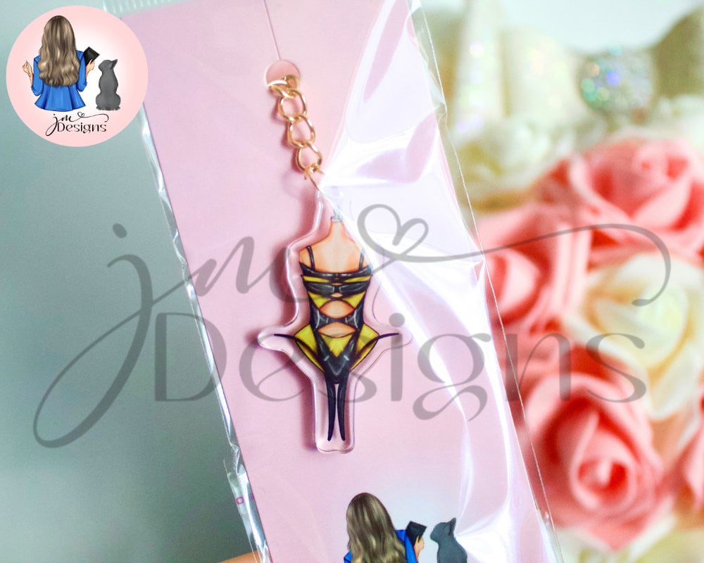 Bumble Bee Couture Outfit Acrylic Keyring Gold Chain Clip | Fashion Illustration Keyring Bag Charm